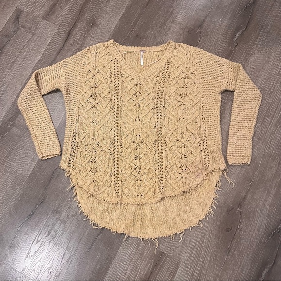 Free People Cross my Heart Gold frayed hem open knit sweater size Small - Picture 2 of 7